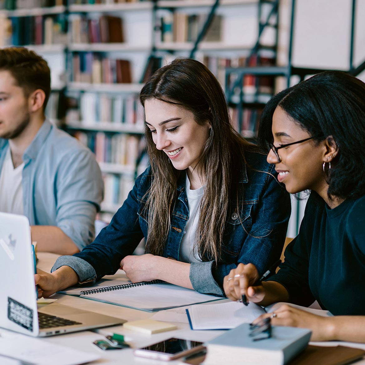 Students studying in library sharing computer