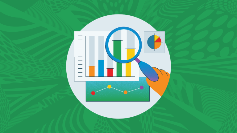 green splashy background with circle icon featuring technology, a magnifying glass, and several data dashboards